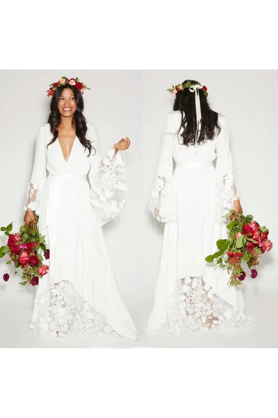 Modest Hippie Bohemian Long Sleeve V-Neck Lace Wedding Dress sold by KissProm product image thumbnail 2