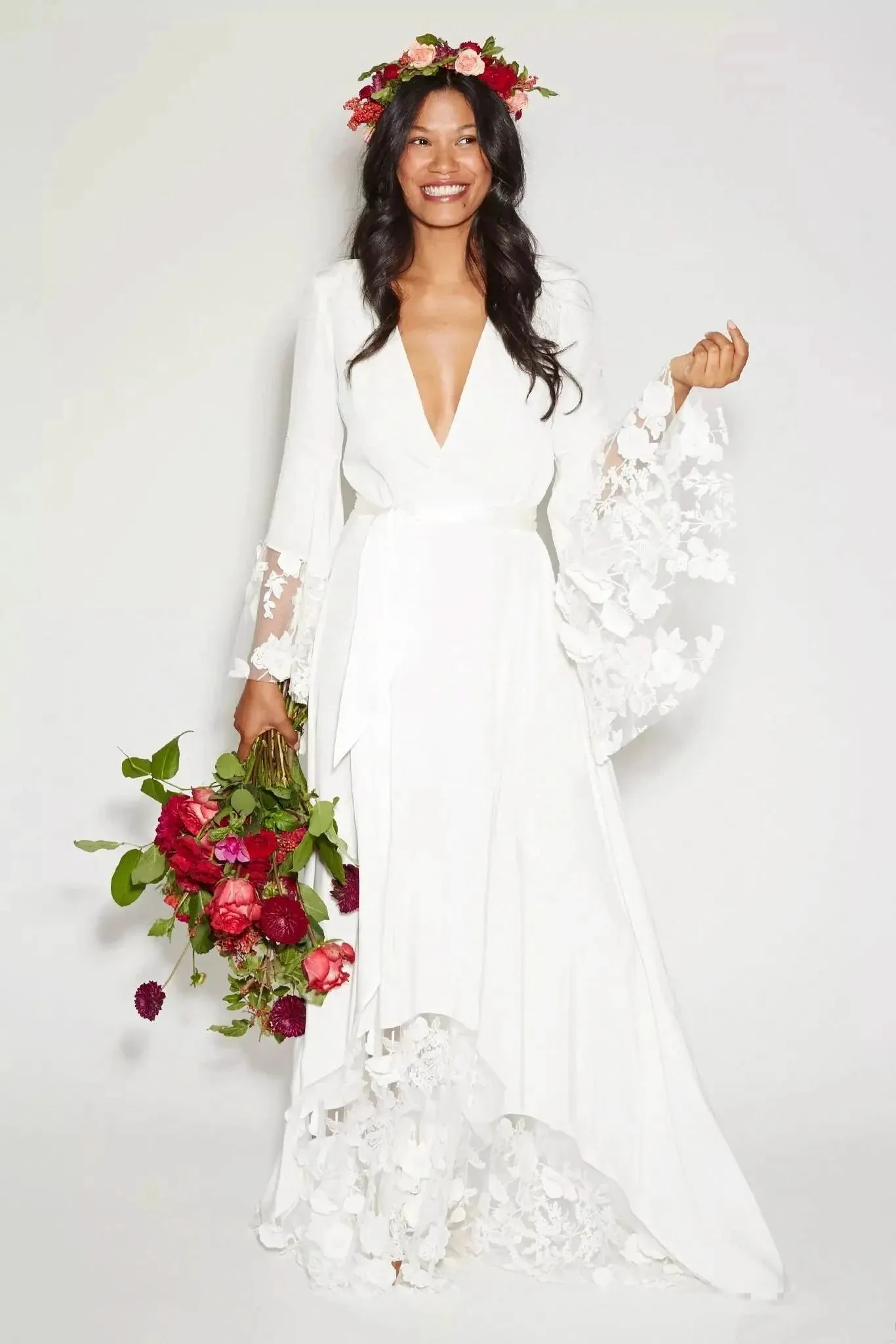 Modest Hippie Bohemian Long Sleeve V-Neck Lace Wedding Dress sold by KissProm