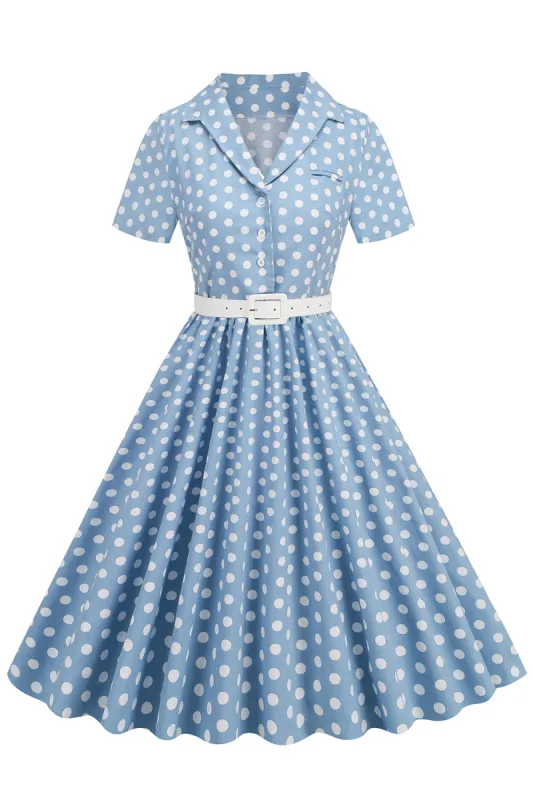 Hepburn Style V Neck Blue Polka Dots 1950s Dress sold by KissProm