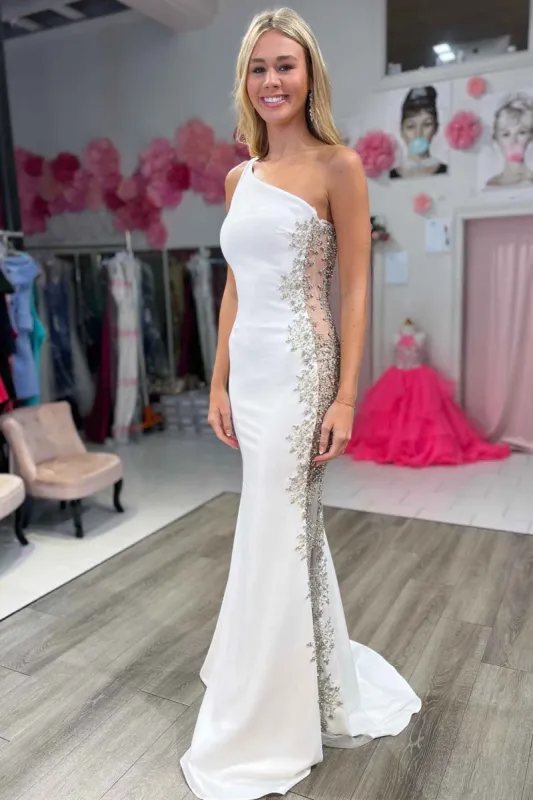Robin | Mermaid White One Shoulder Beaded Long Formal Dress sold by KissProm