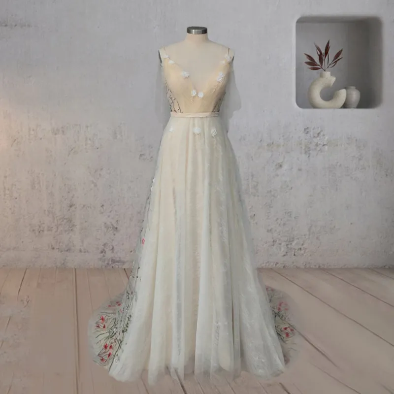 Diva | A-Line V Neck Sleeveless Floral Enchantment Boho Wedding Dress sold by KissProm