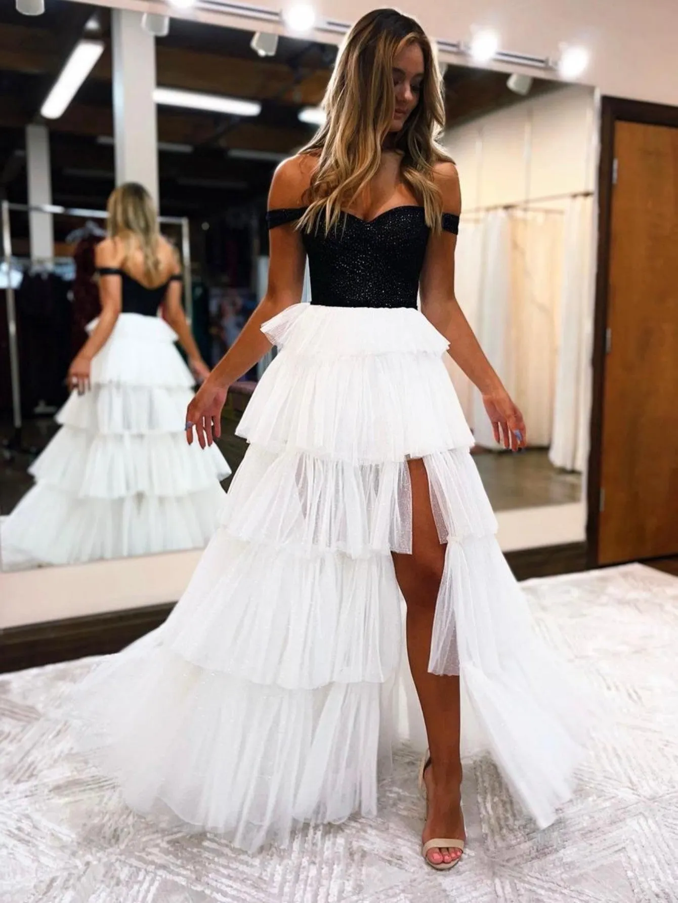 Black And White A-Line Strapless Tiered Long Prom Dress sold by KissProm product image thumbnail 2