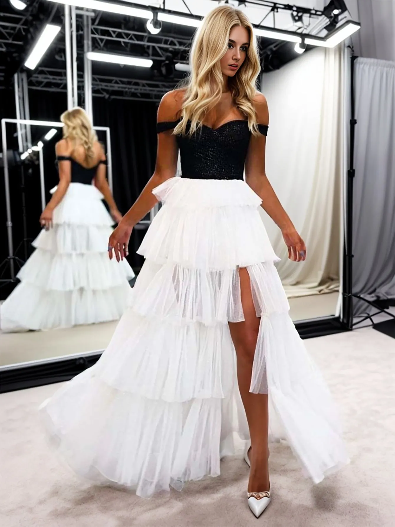 Black And White A-Line Strapless Tiered Long Prom Dress sold by KissProm