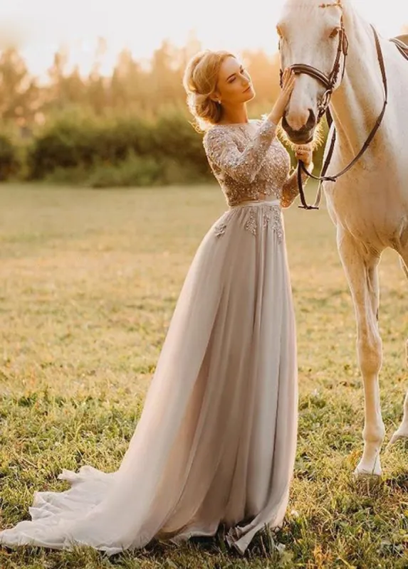 Bohemian Long Sleeve Appliqued Beading Tulle Backless Wedding Bridal Gowns sold by KissProm