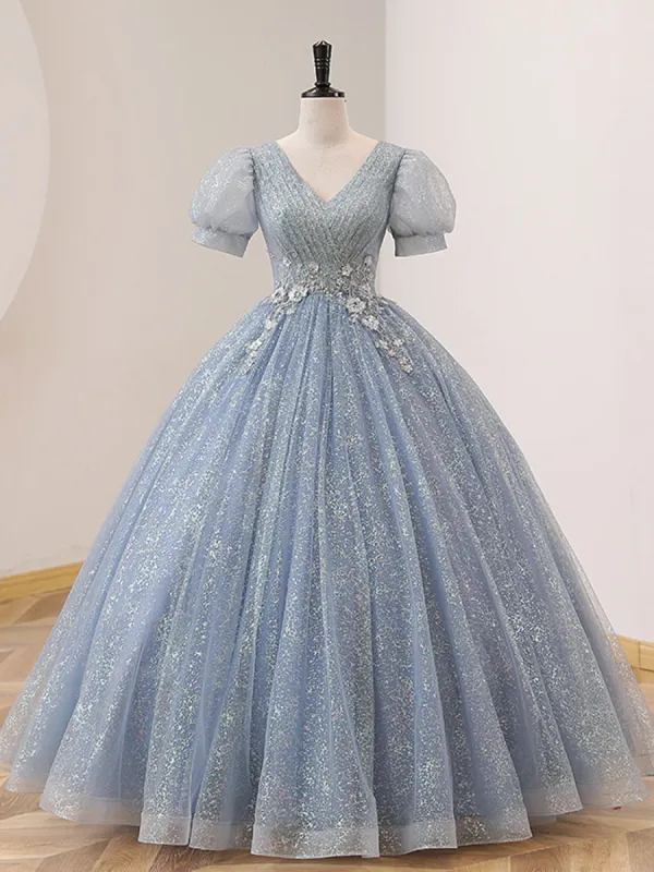 Quinceanera Dress V Neck Tulle Sequin Gray Blue Long Prom Dress Gray Blue Formal Sweet Dress sold by KissProm