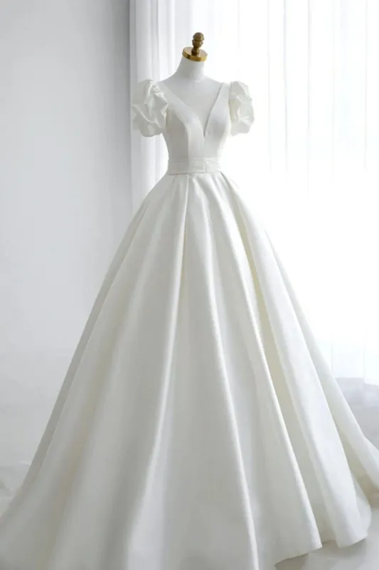 Elegant A Line V Neck White Wedding Dress with Short Sleeves sold by KissProm