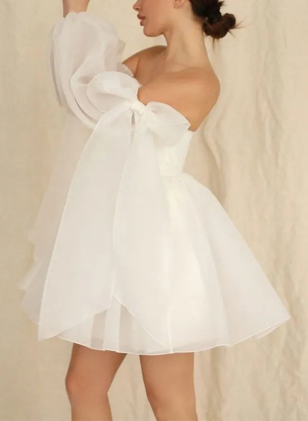 Ronnie | A-Line Puff Long Sleeves Short Wedding Dresses With Bows sold by KissProm product image thumbnail 3