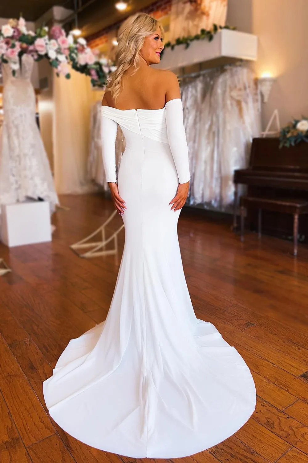Pearl | Simple White Boho Mermaid Long Wedding Dress with Sleeves sold by KissProm product image thumbnail 2