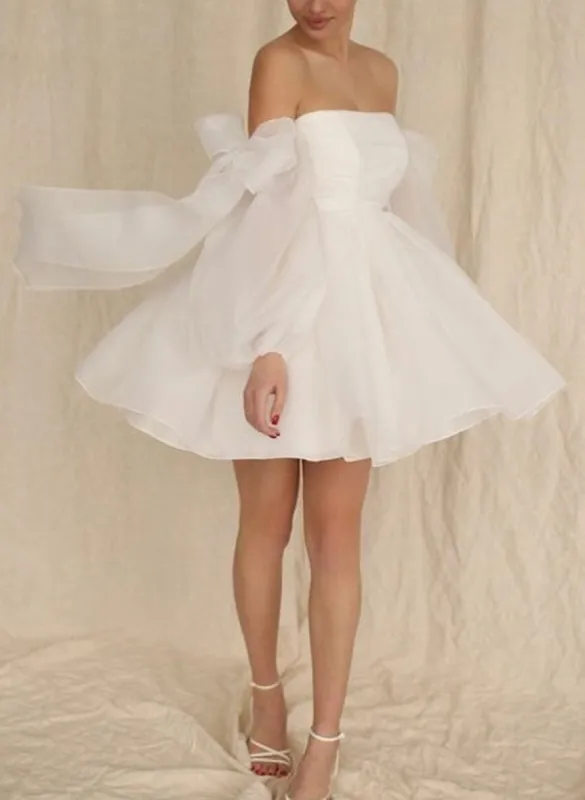 Ronnie | A-Line Puff Long Sleeves Short Wedding Dresses With Bows sold by KissProm
