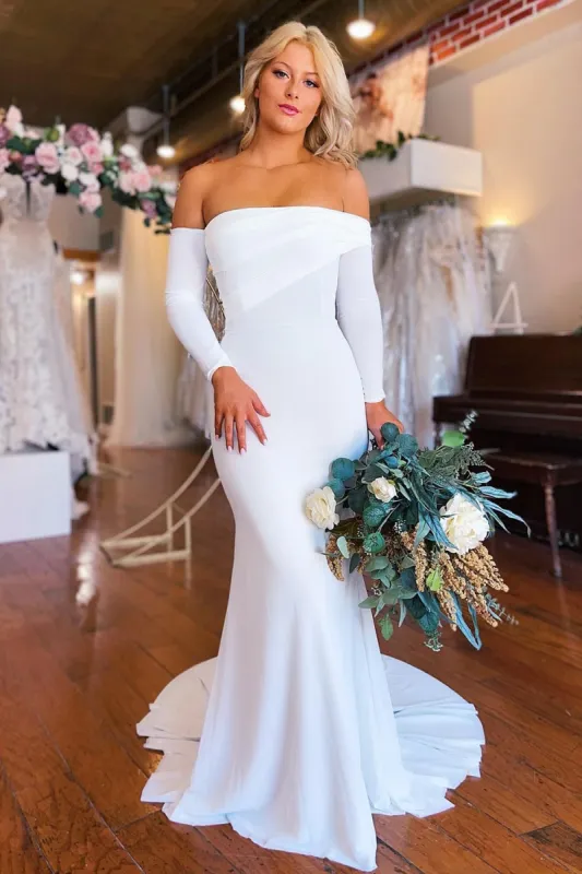 Pearl | Simple White Boho Mermaid Long Wedding Dress with Sleeves sold by KissProm