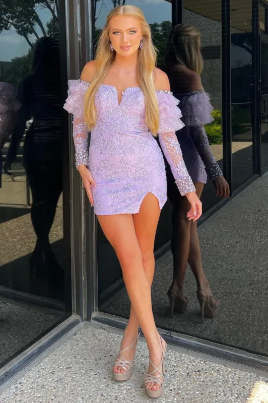 Lilac Beaded Embroidery Lace Off-the-Shoulder Short Dress made by KissProm