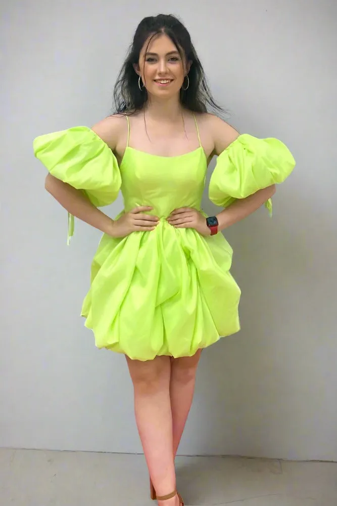 Beonna | Lemon Green A-line Ruffle Homecoming Dress with Detachable Sleeves sold by KissProm