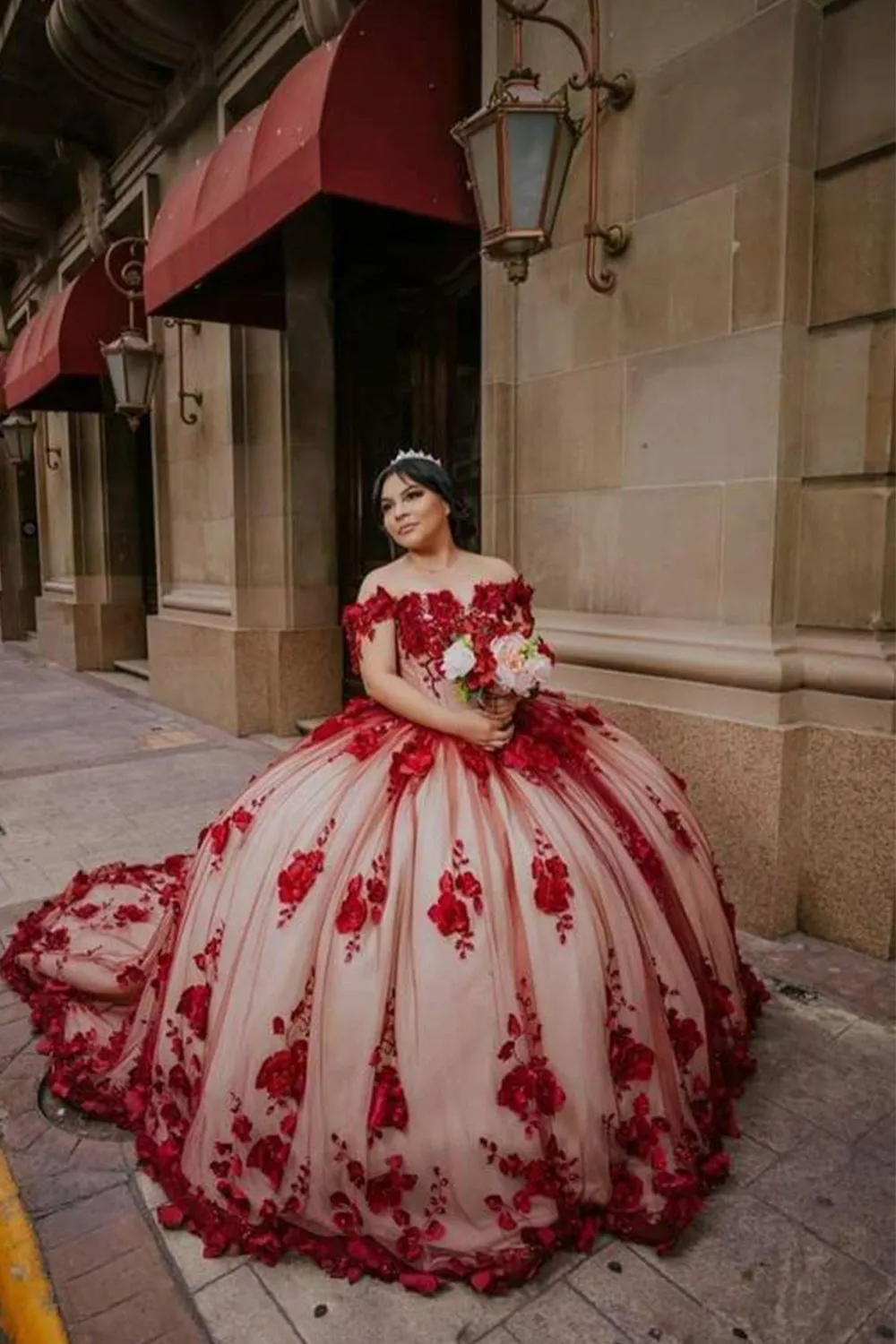 Red Lace Quinceanera Dresses Ball Gown Off shoulder Dress sold by KissProm