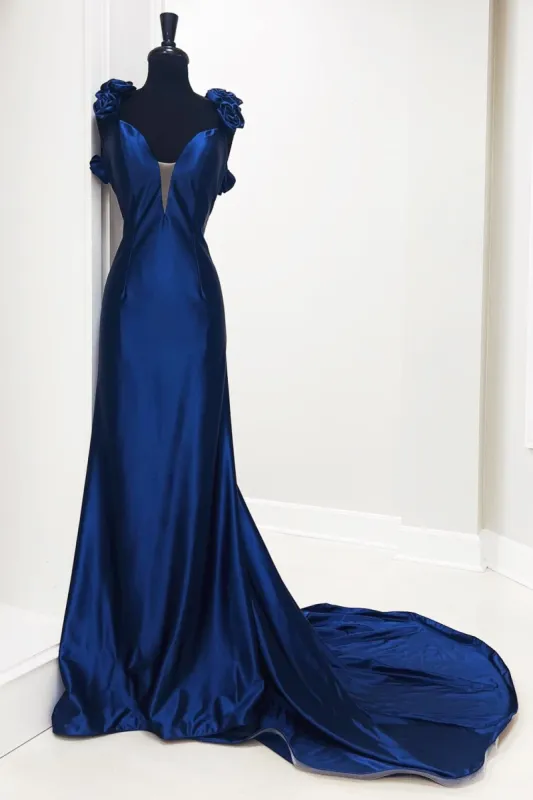 Rosette Plunge V Backless Mermaid Long Gown sold by KissProm