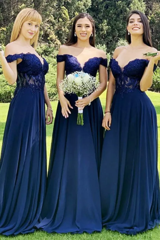 Indigo Lace Off-the-Shoulder A-Line Long Bridesmaid Dress sold by KissProm