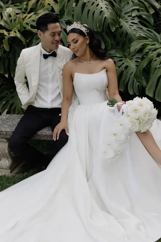 Elegant A-Line Strapless Satin Wedding Dress with Slit sold by KissProm