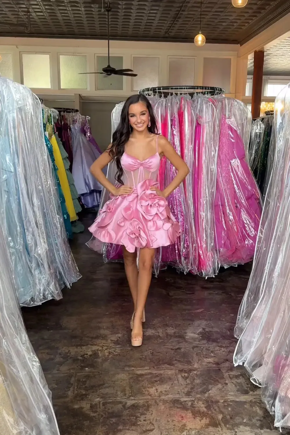 Pink Strapless A-Line Corset Short Homecoming Dress With 3D Flowers sold by KissProm product image thumbnail 2