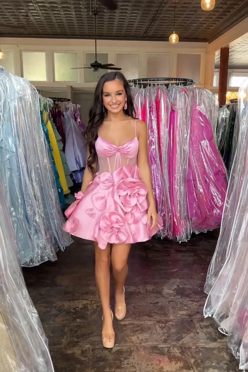 Pink Strapless A-Line Corset Short Homecoming Dress With 3D Flowers sold by KissProm product image thumbnail 3