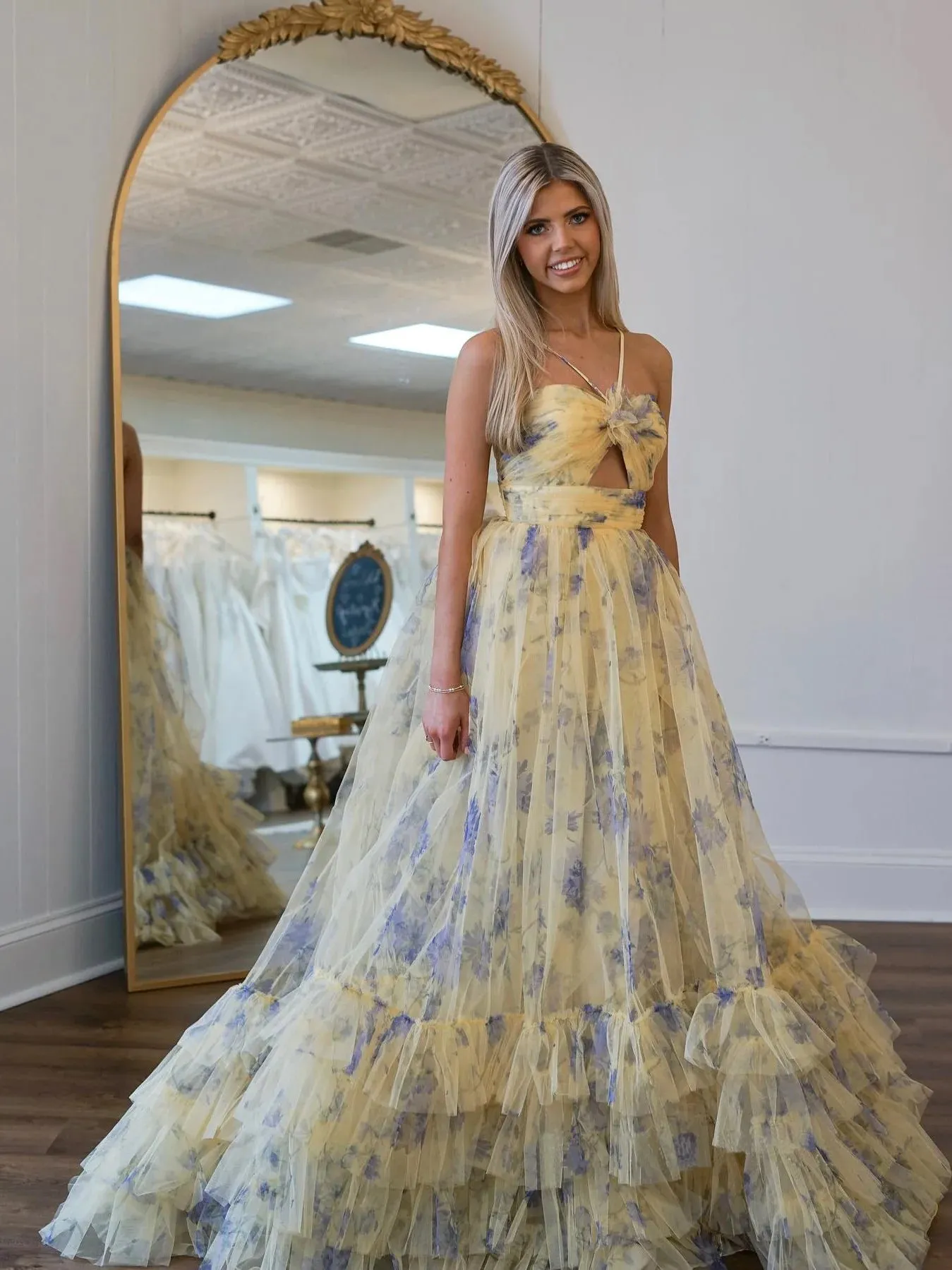 Rita | Pink Print Halter Keyhole A-Line Long Prom Dress sold by KissProm product image thumbnail 2