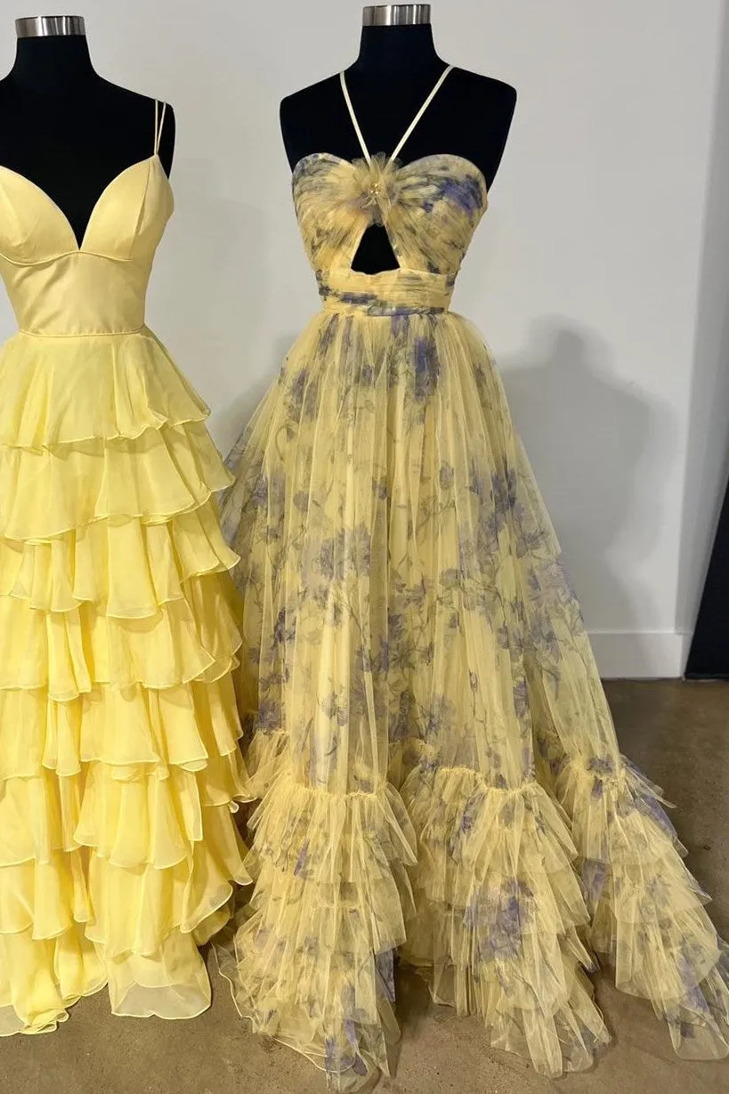 Rita | Pink Print Halter Keyhole A-Line Long Prom Dress sold by KissProm product image thumbnail 3