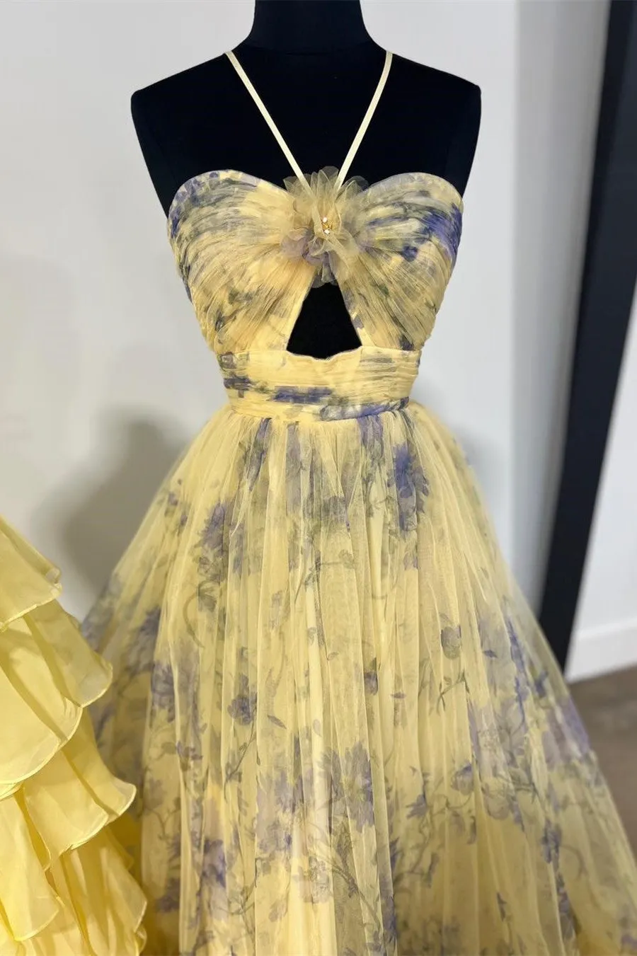 Rita | Pink Print Halter Keyhole A-Line Long Prom Dress sold by KissProm product image thumbnail 4