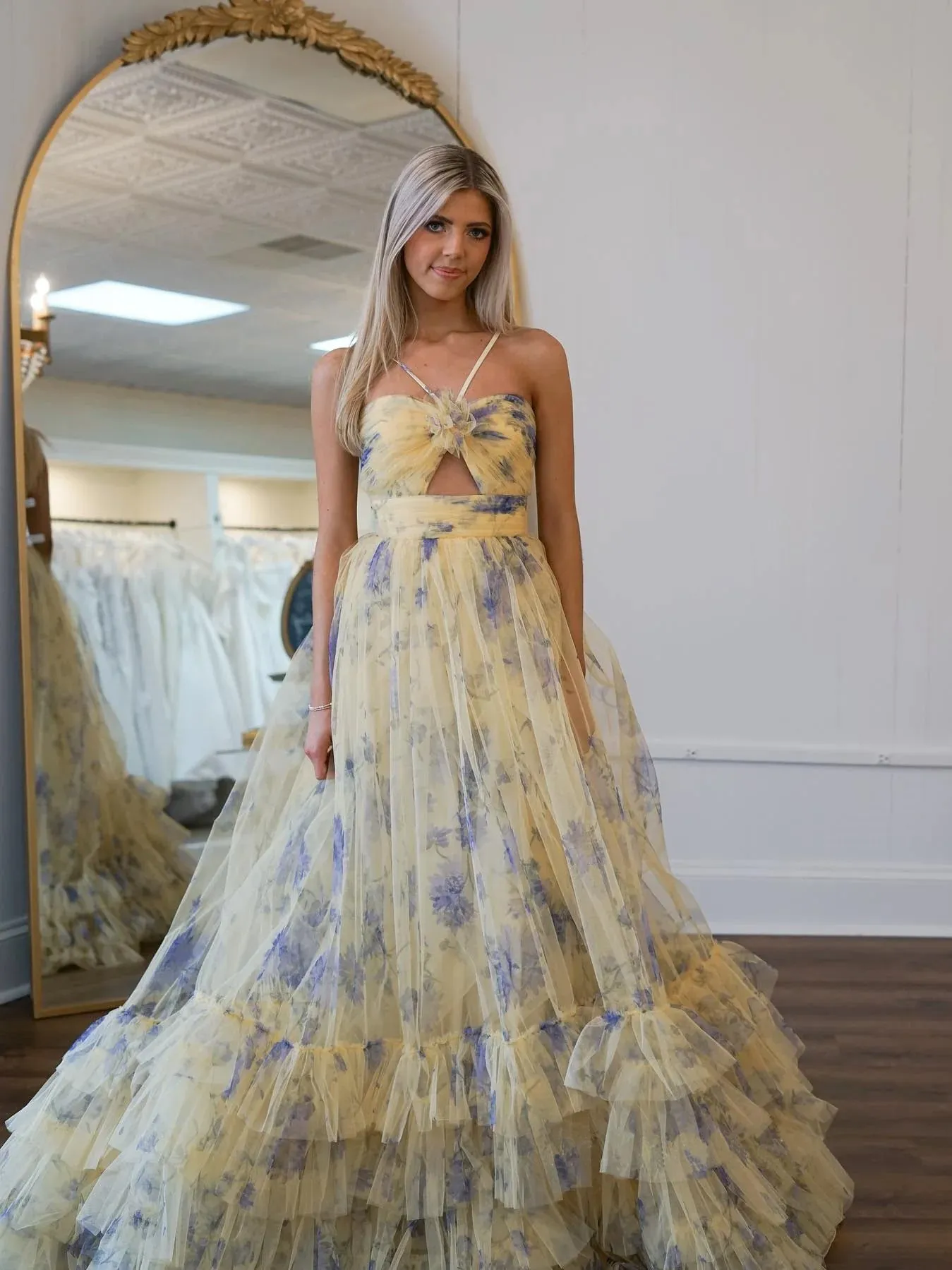 Rita | Pink Print Halter Keyhole A-Line Long Prom Dress sold by KissProm