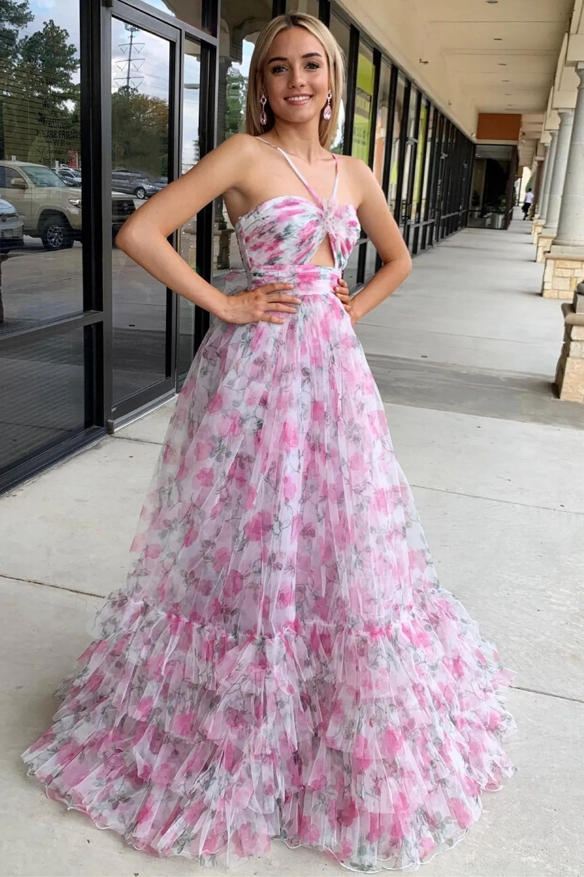 Rita | Pink Print Halter Keyhole A-Line Long Prom Dress sold by KissProm product image thumbnail 5
