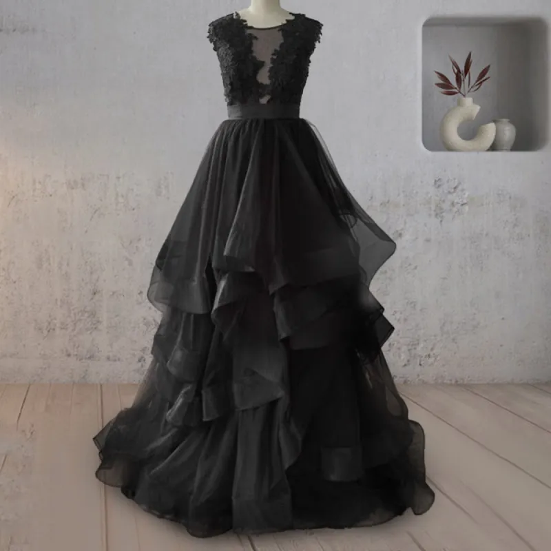 Vintage A-Line Black Tulle Wedding Dress with Ruffles sold by KissProm