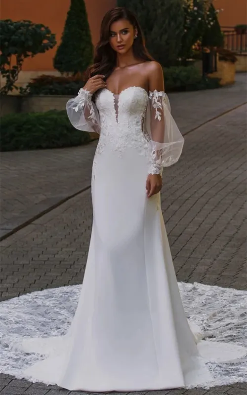 Ramina | Ethereal Mermaid Plunging Neck Chiffon Tulle Wedding Dress with Appliques sold by KissProm