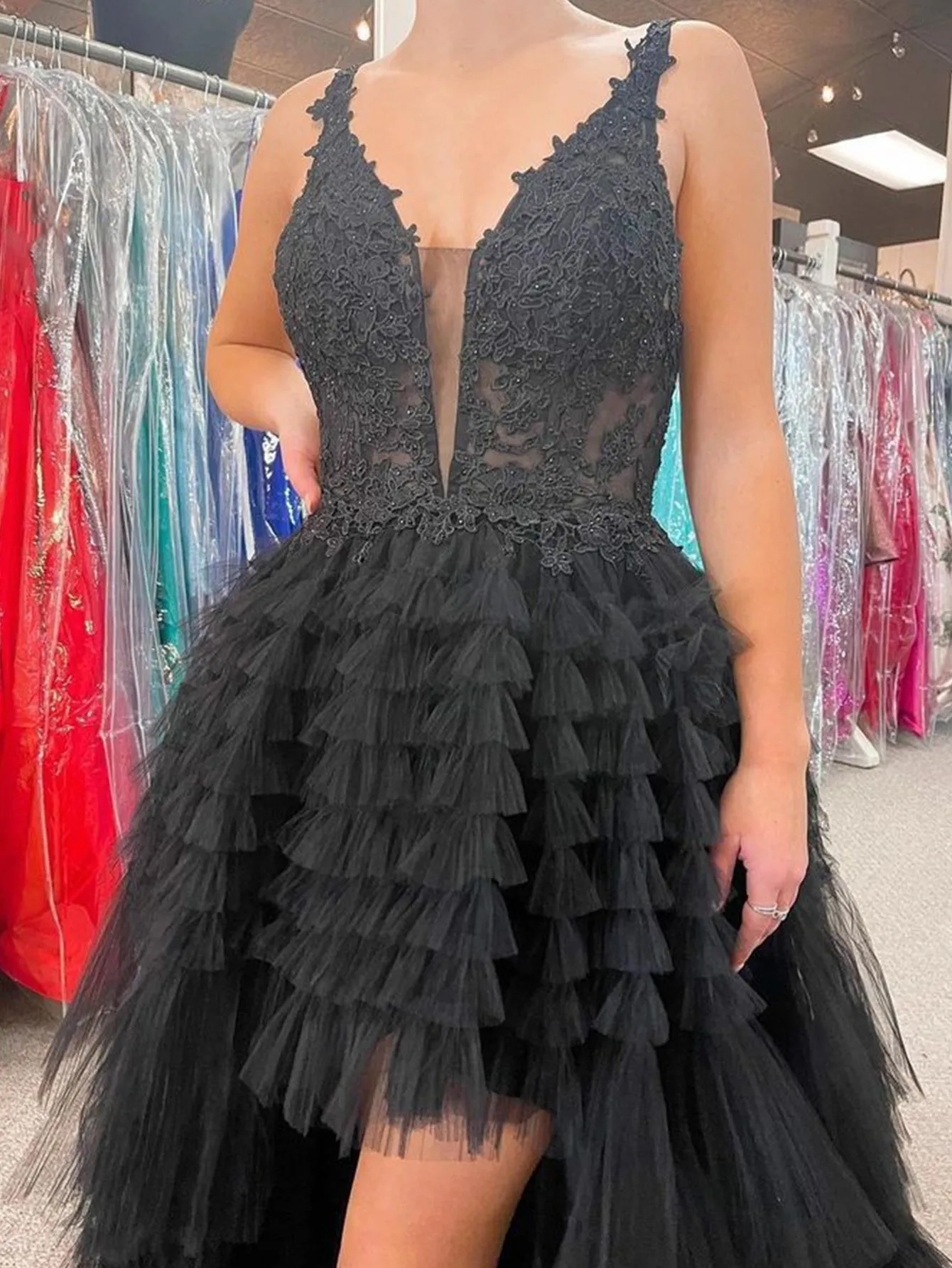 Black V Neck Asymmetrical Tulle Long Prom Dress sold by KissProm product image thumbnail 3