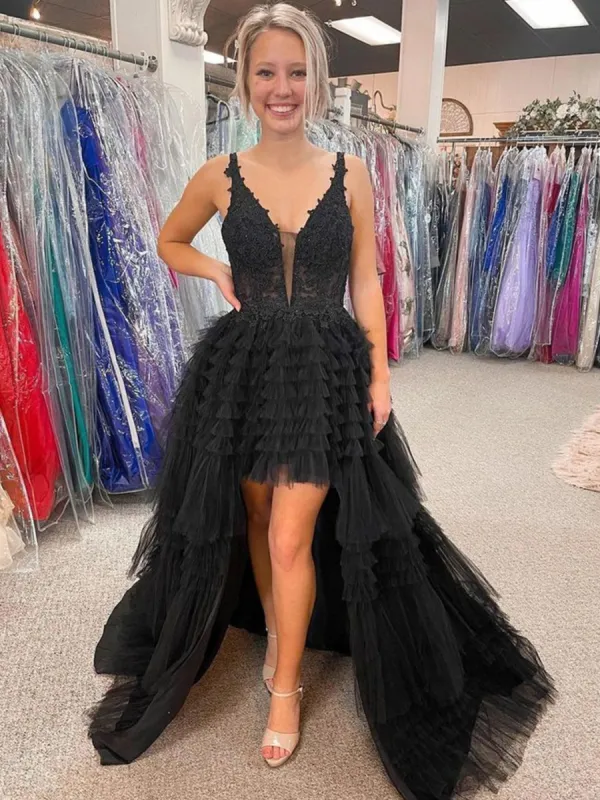 Black V Neck Asymmetrical Tulle Long Prom Dress sold by KissProm