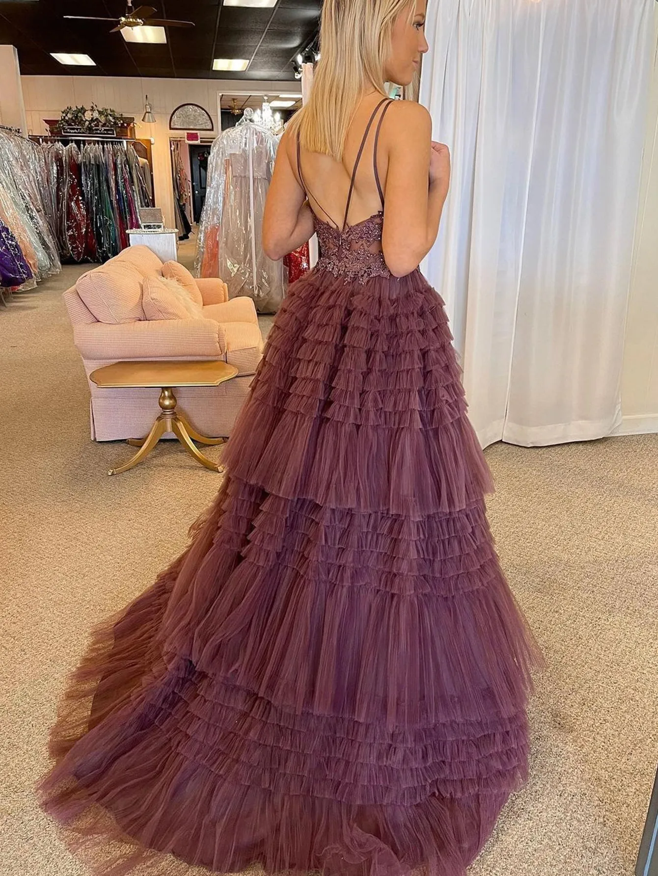 Black V Neck Asymmetrical Tulle Long Prom Dress sold by KissProm product image thumbnail 5