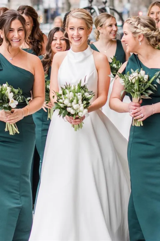 White Halter A-line Satin Wedding Dress with Buttons sold by KissProm