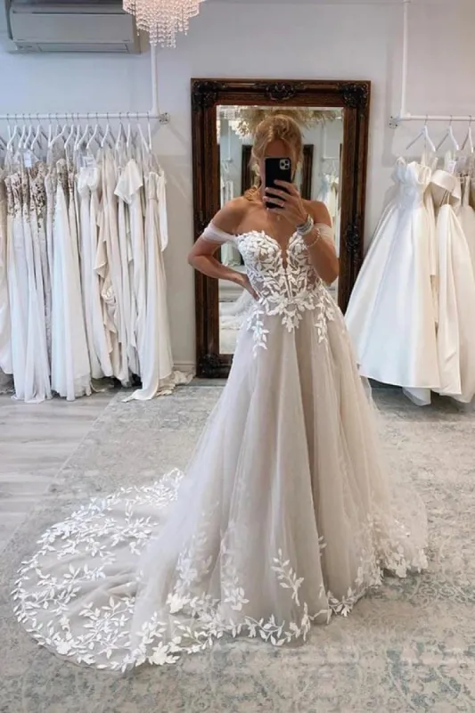 A-line Lace Beach Wedding Dress with Off Shoulder Tulle Appliques sold by KissProm