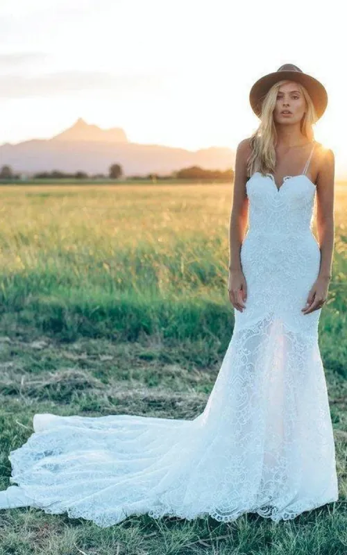 Mermaid Bohemian Low V Back Full Lace Beach Garden Bridal Gowns sold by KissProm