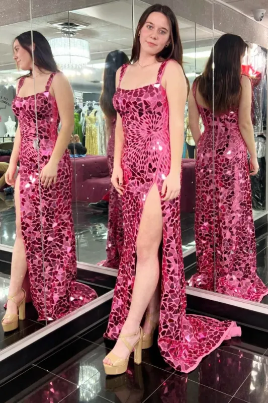 Cut Glass Mirror Long Prom Dress with Slit in Pink sold by KissProm