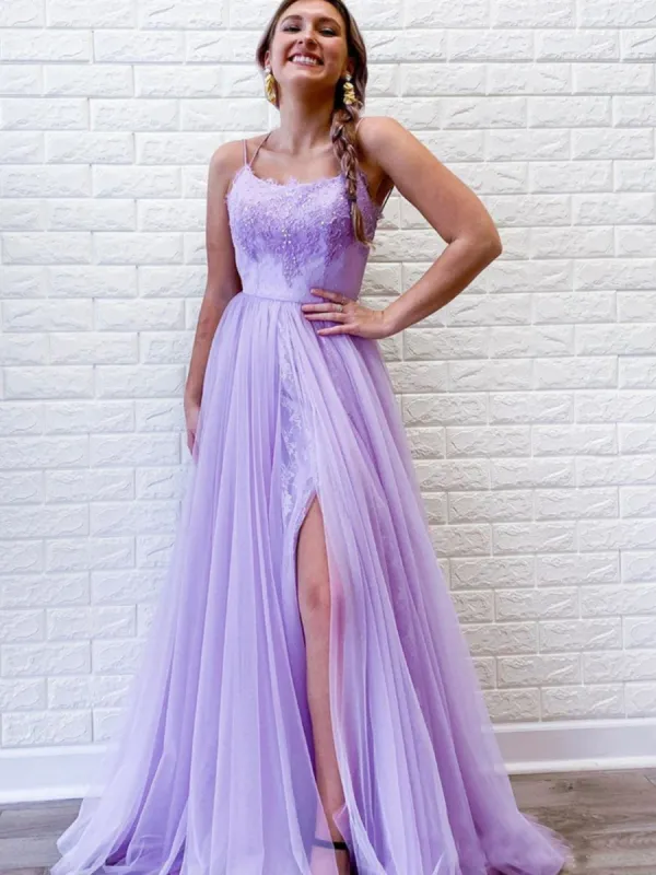 A Line Purple Backless Tulle Long Prom Dress sold by KissProm