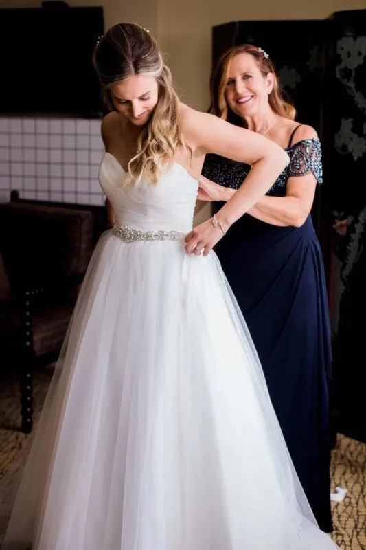 A-Line Strapless Sweetheart White Wedding Dresses with Rhinestone Sash sold by KissProm