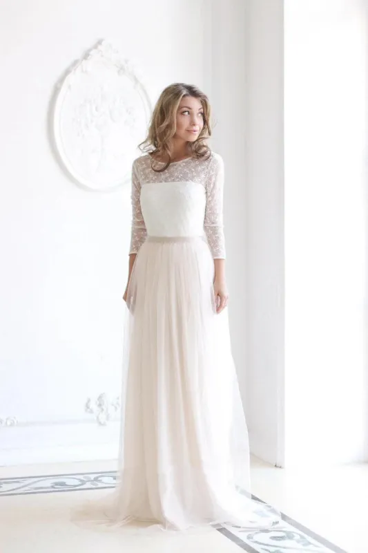 Scoop Neck Long Sleeve Tulle Wedding Dress With Lace Bodice sold by KissProm
