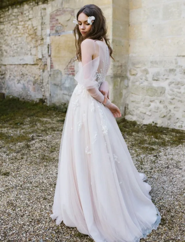 Off-The-Shoulder Tulle Illusion Sleeve Wedding Dress With Appliques sold by KissProm