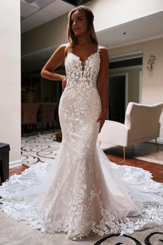 Love | Ivory Backless Sleeveless Lace Mermaid Long Wedding Dress sold by KissProm