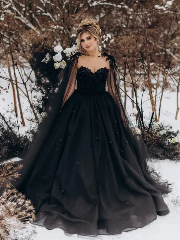 Fabiana | A-Line Black Gothic Wedding Dress 3D Flowers Tulle With Cape sold by KissProm