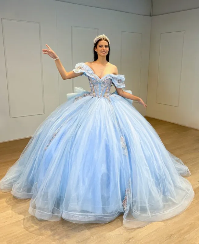 Sky Blue Tulle Off-the-Shoulder Quinceanera Dresses with Bows sold by KissProm