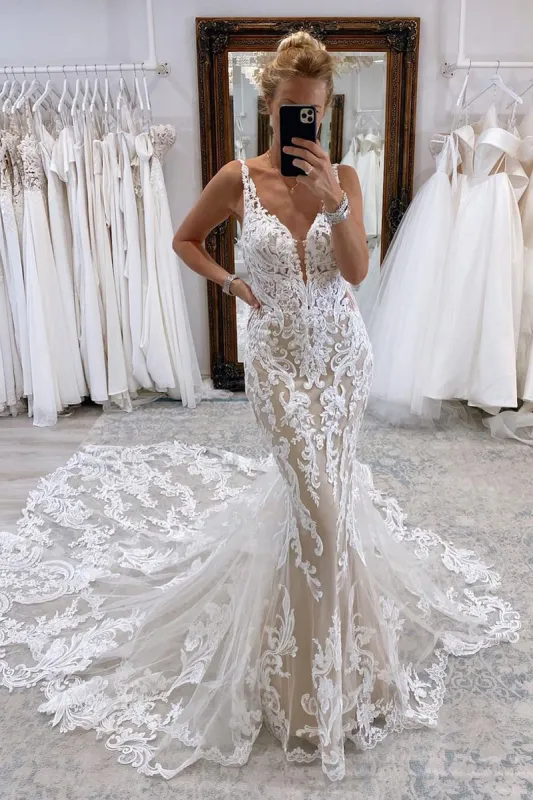 Mermaid V Neck Tulle Lace Wedding Dresses with Train sold by KissProm