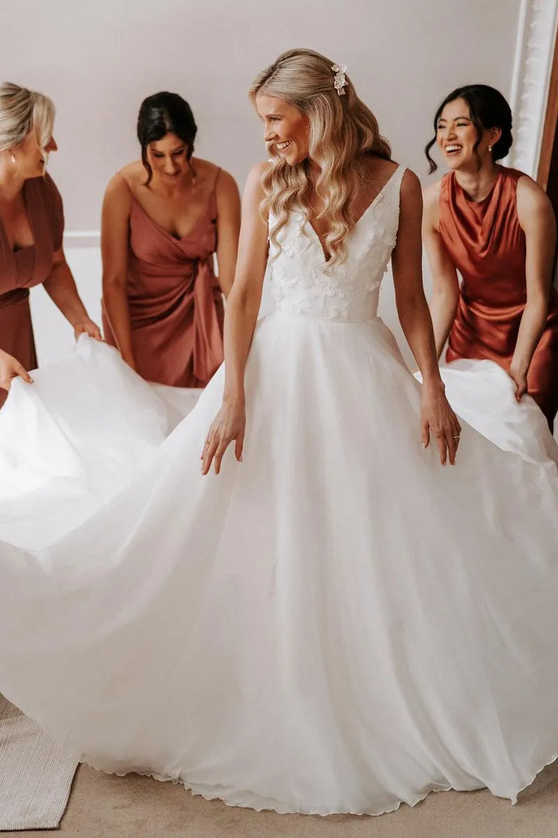 Zuri | Elegant A-Line V Neck White Chiffon Wedding Dress with Appliques sold by KissProm product image thumbnail 3