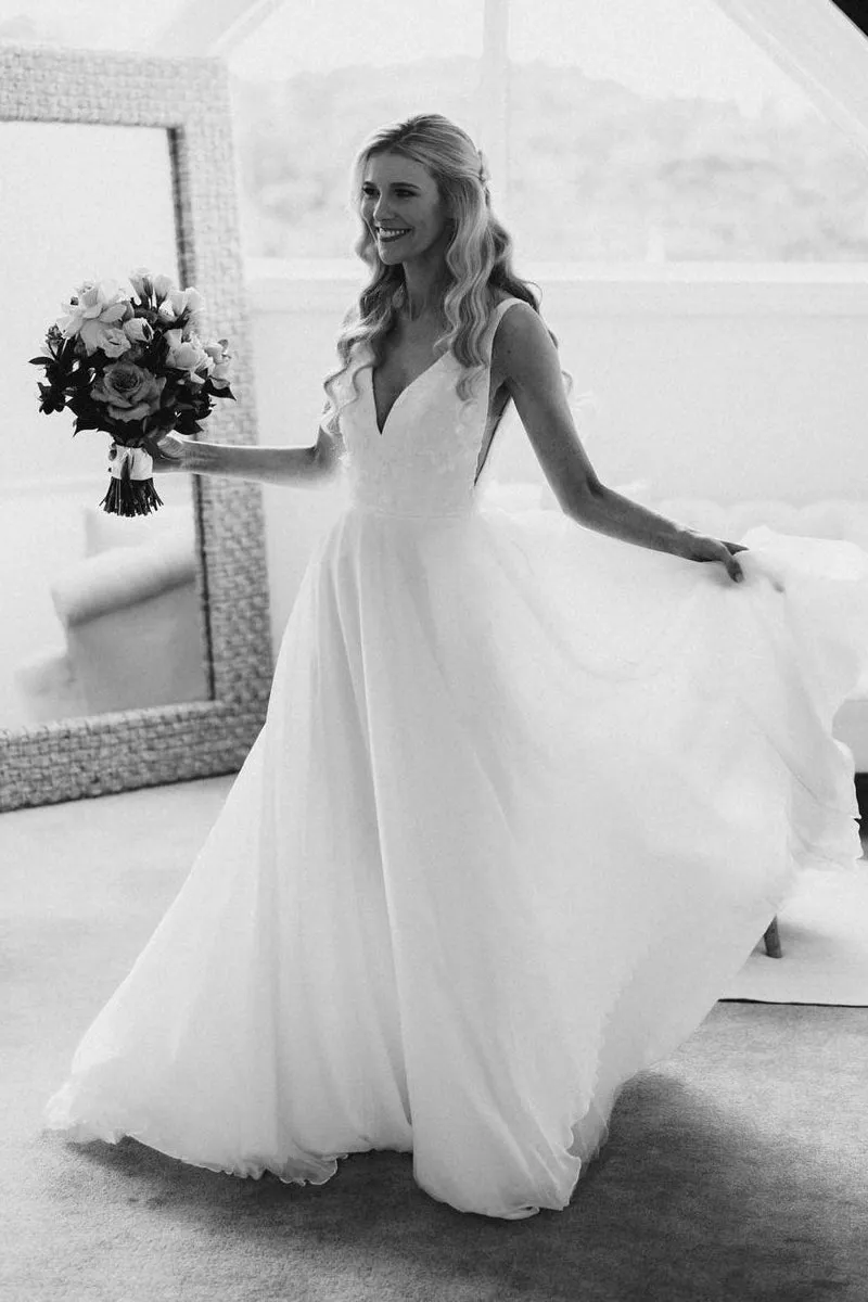 Zuri | Elegant A-Line V Neck White Chiffon Wedding Dress with Appliques sold by KissProm product image thumbnail 4