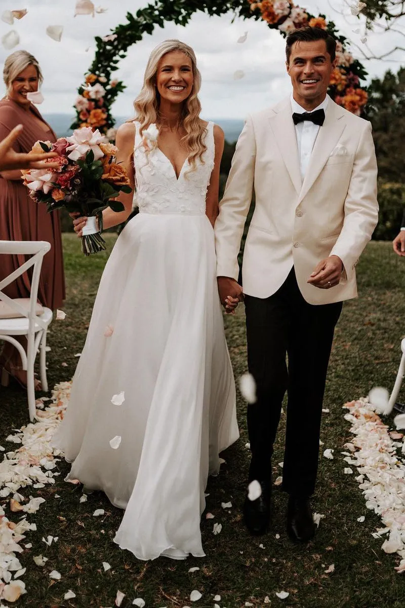 Zuri | Elegant A-Line V Neck White Chiffon Wedding Dress with Appliques sold by KissProm