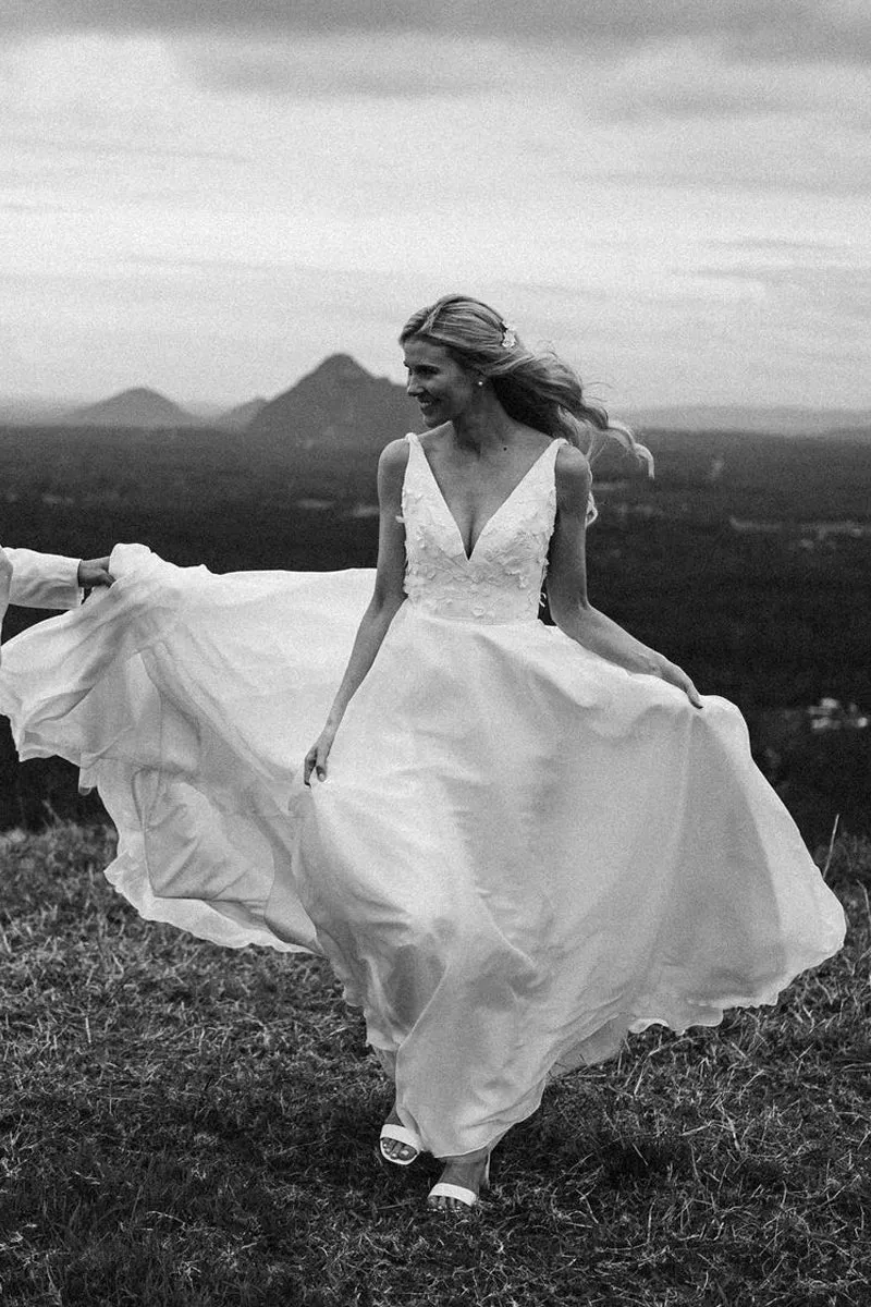 Zuri | Elegant A-Line V Neck White Chiffon Wedding Dress with Appliques sold by KissProm product image thumbnail 5