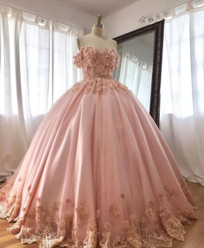 Pink Embroidered Lace Ball Gown Quinceanera Dresses Off Shoulder sold by KissProm