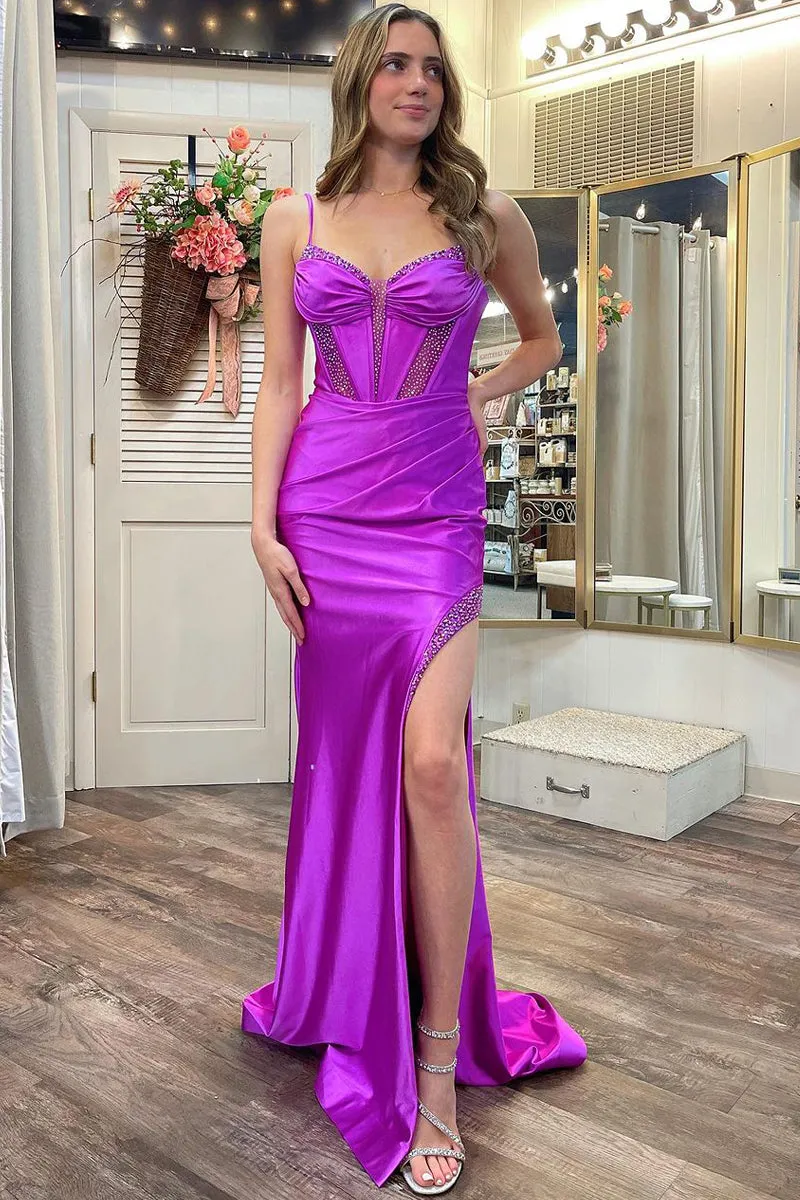 Olive | Purple Sweetheart Satin Mermaid Long Prom Dresses with Slit sold by KissProm